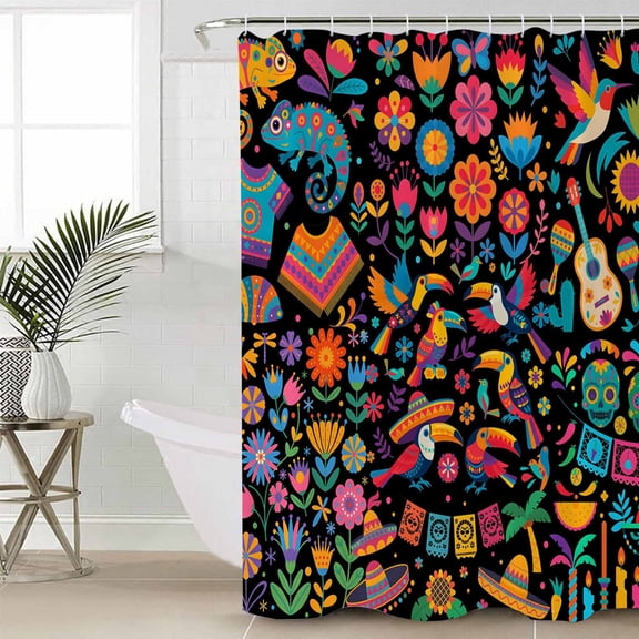 Colorful Cartoon Extra Long Shower Curtain Set, Waterproof Shower Curtains for Bathroom, Funny Flowers Guitar Animals Ethnic Art Washable Fabric Cloth Bath Curtain for Bathtub with Hooks 72x96 Inches