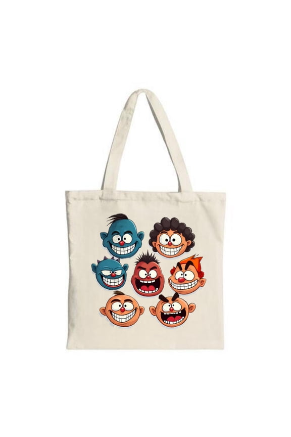 Colorful Cartoon Faces Tote Bag - Fun Happy Expressions on a White Canvas Perfect for Shopping Travel and Parties