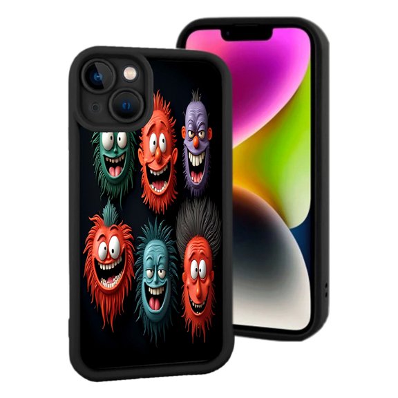 Colorful Cartoon Faces iPhone 15 Case - Lightweight Yellowing Resistant Dark Background Vibrant Exaggerated Features
