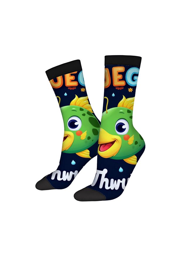Colorful Cartoon Fish Socks - 2 Pairs of Unisex Trendy Socks with Cheerful Fish Design on Dark Blue Background - Perfect for All Seasons