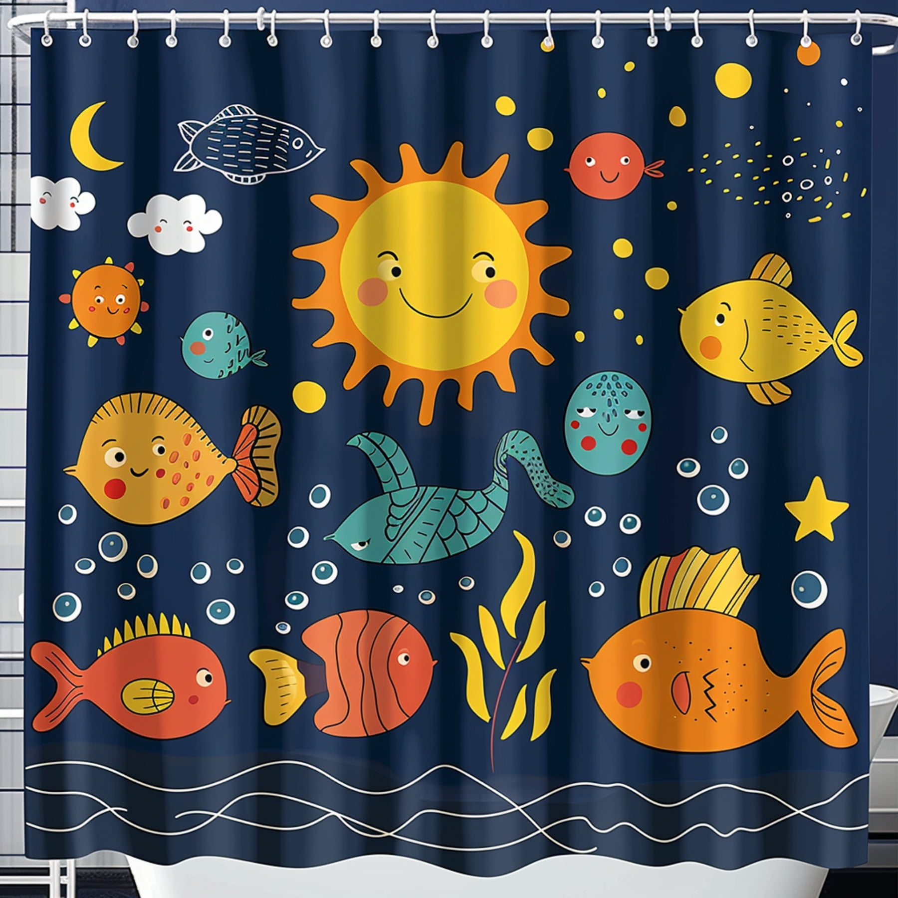 Colorful Cartoon Fish and Sun Bathroom Curtain for Kids' Room Decor Ocean Theme Playful ...