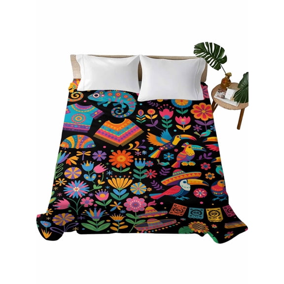 Colorful Cartoon Flat Sheets Only King Size, Soft Breathable Bed Top Sheets for Mattress, Funny Flowers Guitar Animals Ethnic Art Luxury Bedding Flat Sheets for Home Hotel Bedroom Bed Protection
