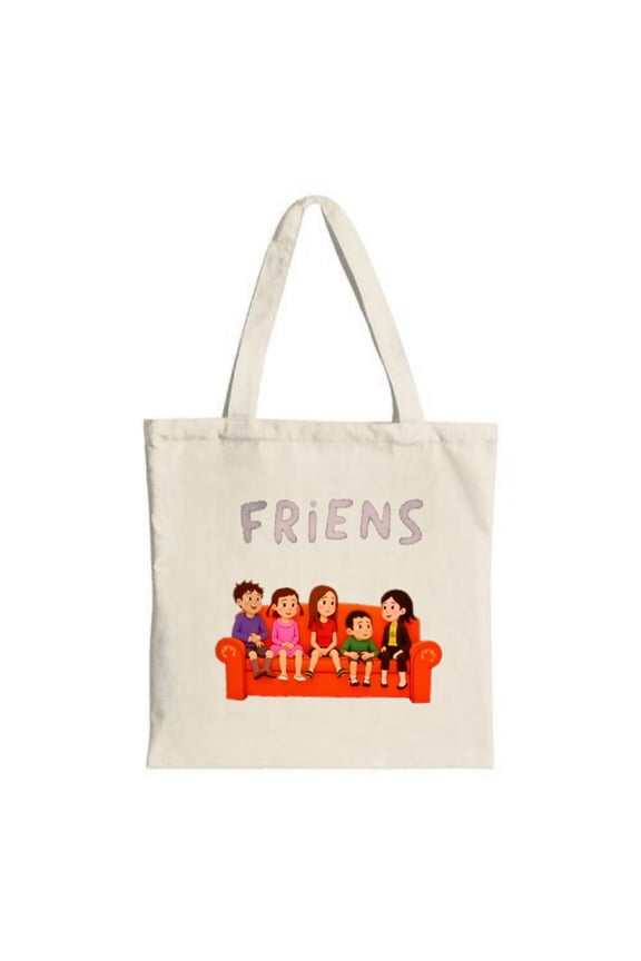 Colorful Cartoon Friends Tote Bag - Cheerful on Orange Couch Perfect for Shopping Travel & Parties Eco-Friendly Canvas Design
