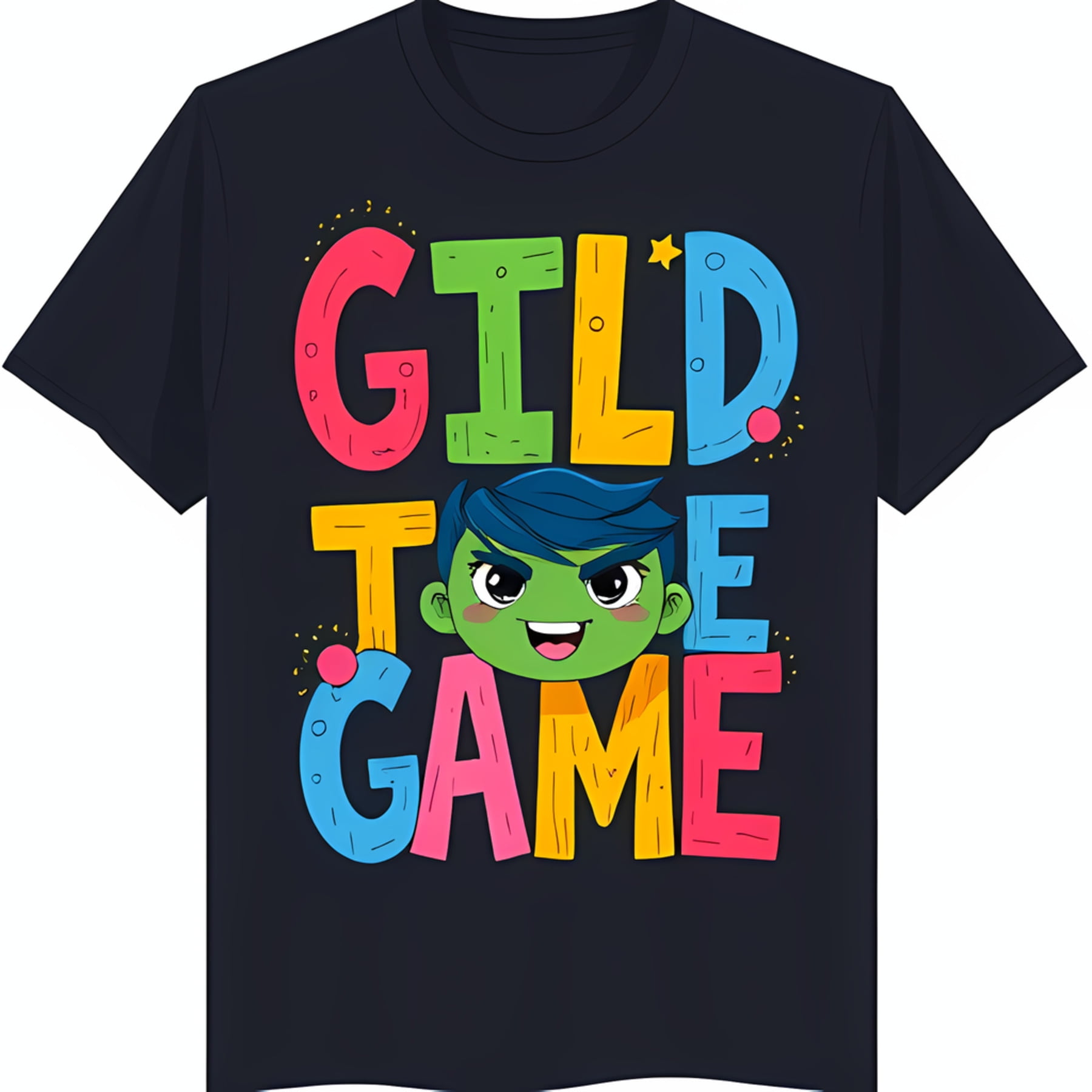Colorful Cartoon Graphic Black TShirt 'Gild the Game' Design with