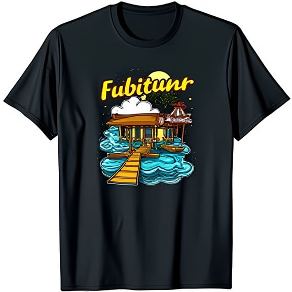 Colorful Cartoon House T-Shirt with Thatched Roof & Yellow Moon Fun Black Tee