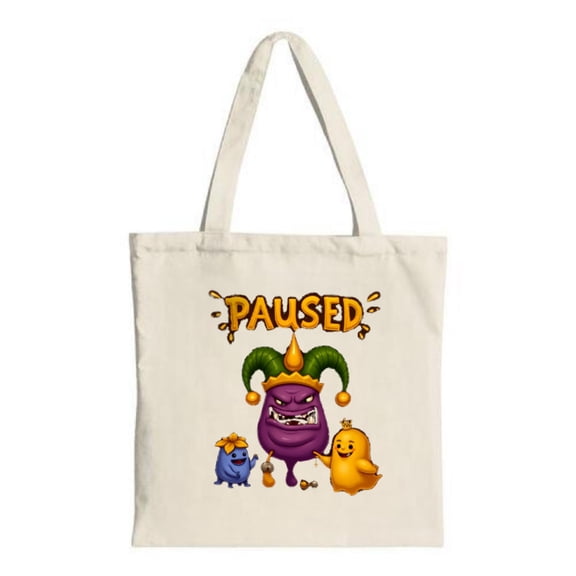 Colorful Cartoon Jester Tote Bag - Purple Creature with Crown & Chick Blue Friend with Flower ' PAUSED ' in Bold Orange - Fun & Functional