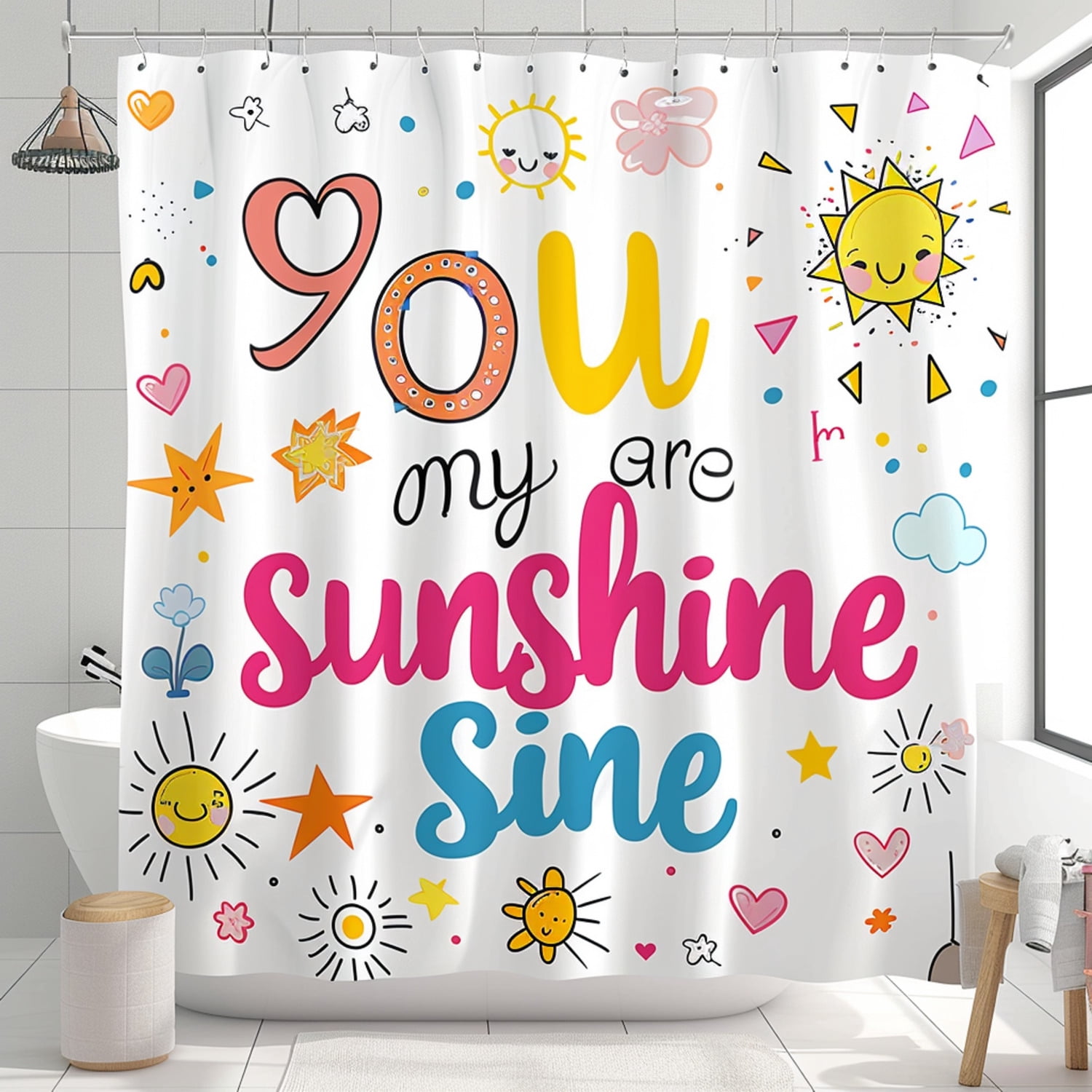 Colorful Cartoon Kids Bathroom Curtain Set with Hearts Stars and ...