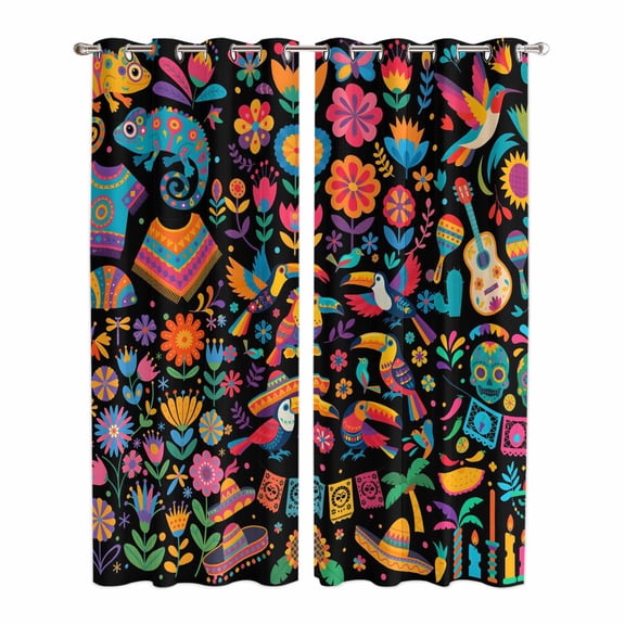 Colorful Cartoon Kitchen Curtains 84 Inch Length, Funny Flowers Guitar Animals Ethnic Art Grommet Top Bedroom Living Room Curtains, Light Filtering Cafe Curtain Drapes 2 Panels Set 84''x84''