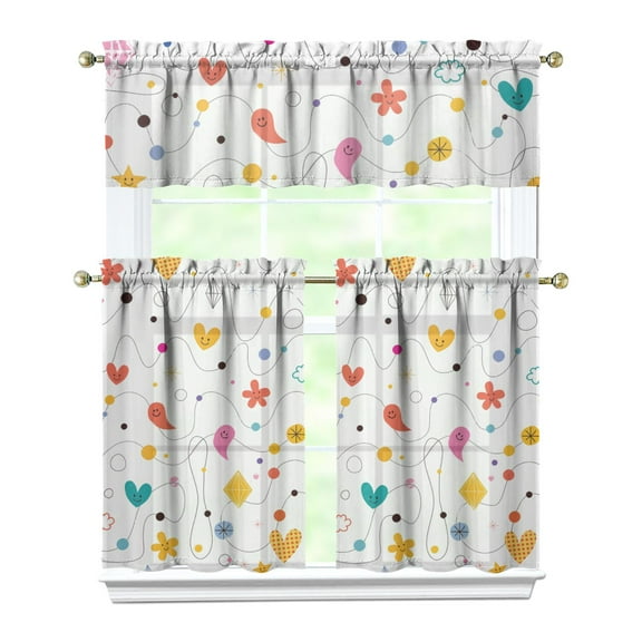 Colorful Cartoon Kitchen Curtains Set of 3 - Whimsical Graffiti Animals & Stars Design, Rod Pocket Short Curtains for Children's Room or Caf