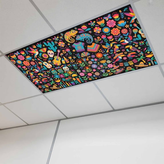 Colorful Cartoon Magnetic Fluorescent Light Covers for Ceiling Lights 2x4Ft, Funny Flowers Guitar Animals Ethnic Art Office Classroom Kitchen Drop Ceiling Light Covers Filters Shade Panel 1 Pack