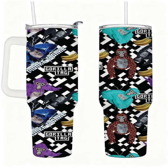 Colorful Cartoon Monkey Pattern Stainless Steel Tumbler with Handle