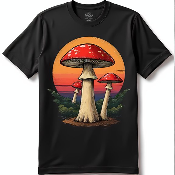 Colorful Cartoon Mushroom Graphic Black T-Shirt Fun Sunset Design