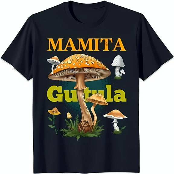 Colorful Cartoon Mushroom Mamita Gutula Graphic on Black T-Shirt