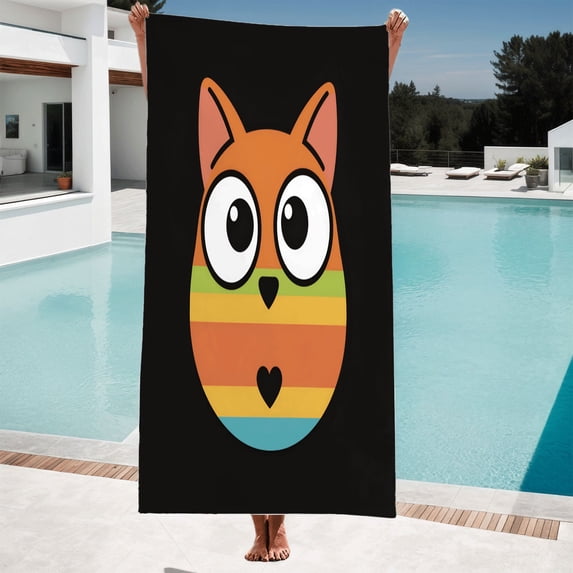 Colorful Cartoon Owl Beach Towel - Vibrant Rainbow Stripes & Heart Design Perfect for Pool Travel and Bath Use