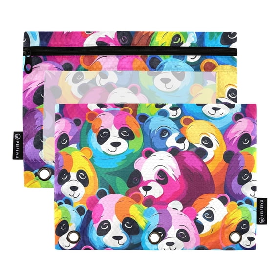 Colorful Cartoon Pandas 2 Pack Pencil Pouch for 3 Ring Binder Smooth Zipper Folders with Pockets Clear Window Pencil Case