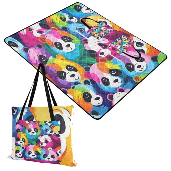 Colorful Cartoon Pandas Extra Large Picnic Beach Blanket Waterproof Sand Proof Portable Outdoor Mat 60x80