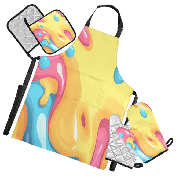 Colorful Cartoon Pigment Oven Mitts and Pot Holders with Chef Apron Set 5 Pcs Kitchen Cooking Set