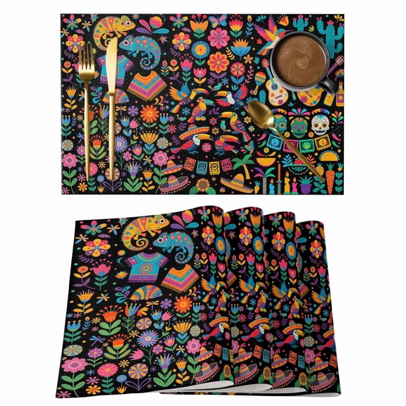 Colorful Cartoon Placemats Set of 4 Funny Flowers Guitar Animals Ethnic Art Place Mats Indoor Wipeable Table Mats Washable Cloth Dining Table Placemats for Kitchen Holiday Party Home Decor 13x19 Inch