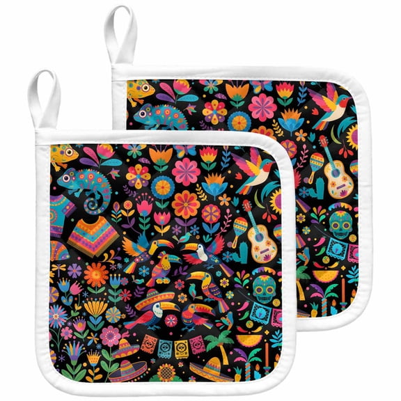 Colorful Cartoon Pot Holders for Kitchen Heatproof Potholder, 2 Pack Funny Flowers Guitar Animals Ethnic Art Hot Pads Multipurpose Oven Pads Cloth Potholders Trivet for Cooking and Baking