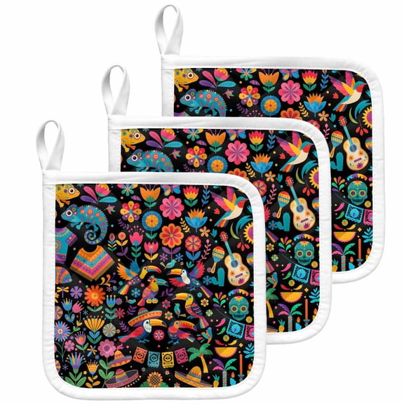 Colorful Cartoon Pot Holders for Kitchen Heatproof Potholder, 3 Pack Funny Flowers Guitar Animals Ethnic Art Hot Pads Multipurpose Oven Pads Cloth Potholders Trivet for Cooking Baking