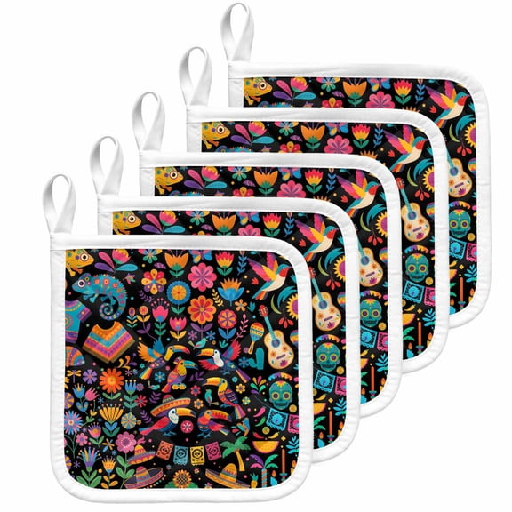Colorful Cartoon Pot Holders for Kitchen Heatproof Potholder, 5 Pack Funny Flowers Guitar Animals Ethnic Art Hot Pads Multipurpose Oven Pads Cloth Potholders Trivet for Cooking Baking