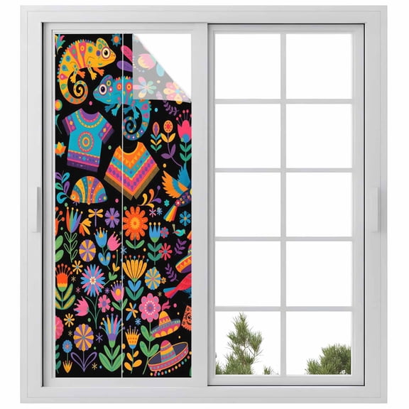Colorful Cartoon Privacy Window Film, Decorative Frosted Glass Window Film, Funny Flowers Guitar Animals Ethnic Art Reusable Peel and Stick Static Cling for Home Bathroom Office Glass Door 23.6"x59"