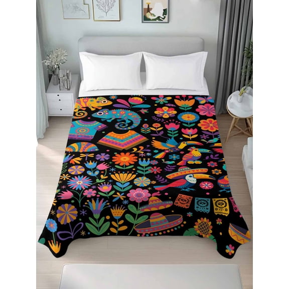 Colorful Cartoon Queen Size Flat Sheet, Wrinkleproof & Fadeproof Cooling Flat Bed Sheet Only, Funny Flowers Guitar Animals Ethnic Art Breathable Soft Bedding Top Sheets 90 x 102 Inches