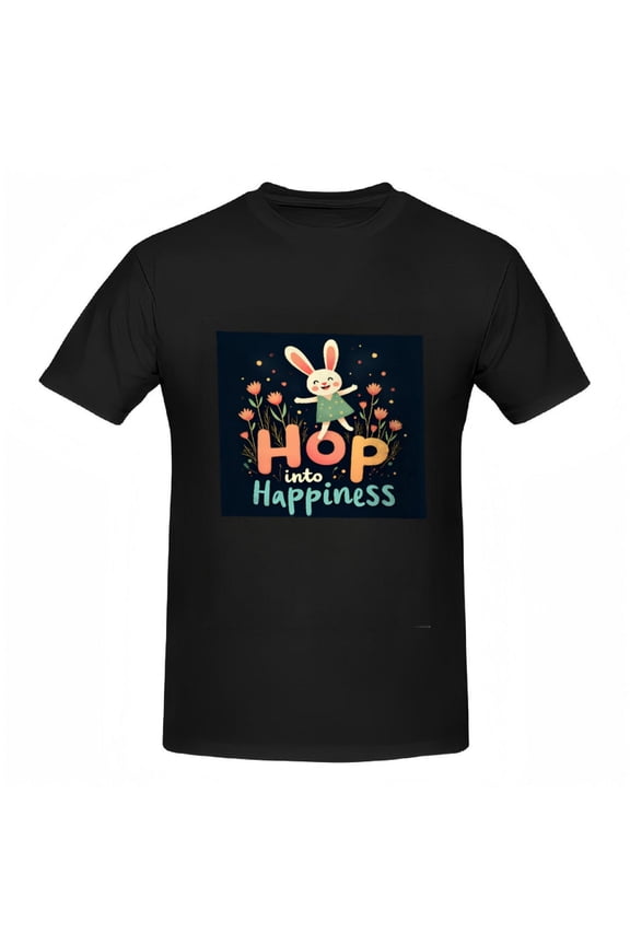 Colorful Cartoon Rabbit Graphic Tee for Women - ' Hop into Happiness ' Short Sleeve Cotton T-Shirt with Floral and Star Design