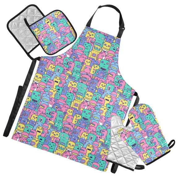 Colorful Cartoon Robots 5 Pcs Kitchen Set Heat Resistant Oven Mitts and Non-Slip Pot Holders with Adjustable Cooking Apron