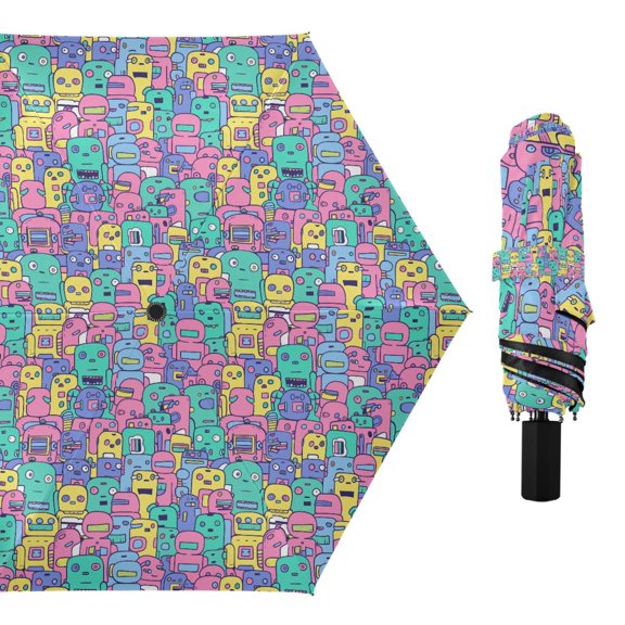 Colorful Cartoon Robots Compact Sun Umbrella Windproof Travel Umbrellas for Rain Strong Portable UV Protection