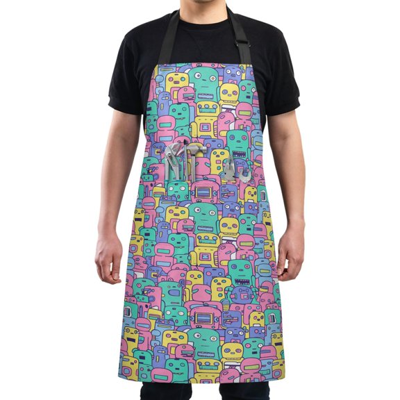 Colorful Cartoon Robots Kitchen Apron with 2 Pockets Adjustable waterproof Cooking Aprons for Women Men Chef