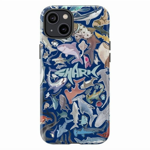 Colorful Cartoon Shark Phone Case for iPhone 16 15 14 13 12 11 Pro Plus Mini, Blue Ocean Animal Design, Dual Layer Protective Cover, Gift for Shark Lovers & Marine Life Fans