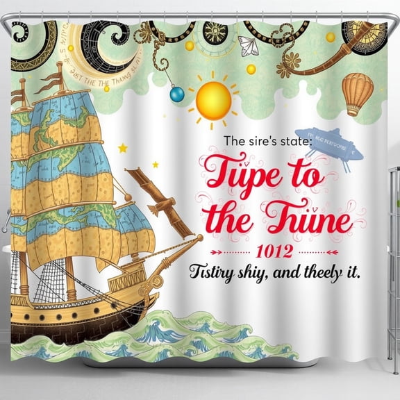 Colorful Cartoon Ship Shower Curtain with Globe & Sun Decor