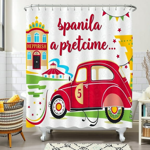 Colorful Cartoon Shower Curtain with Red Car, Building Fun Bathroom Decor