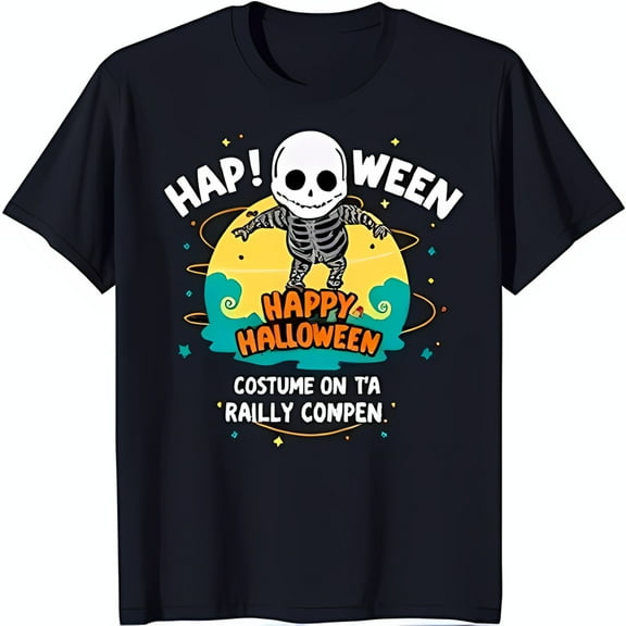 Colorful Cartoon Skeleton Surfing Halloween T-Shirt 'Hap Ween' Design