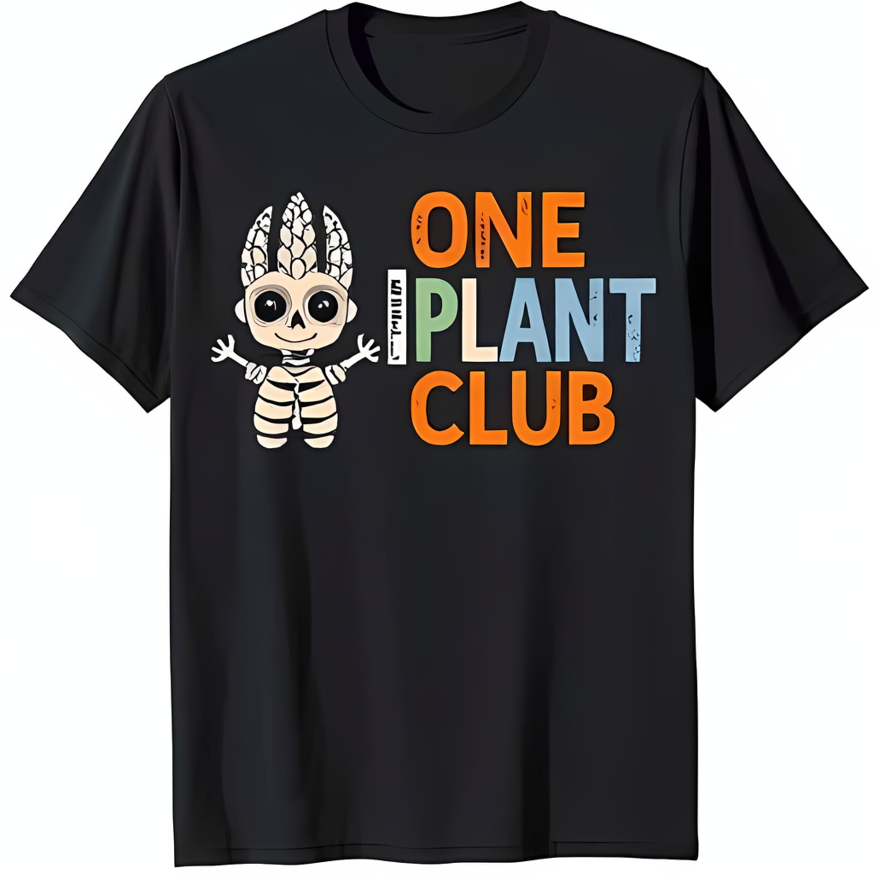Colorful Cartoon Skeleton with Green Hair & 'One Plant Club' Black T
