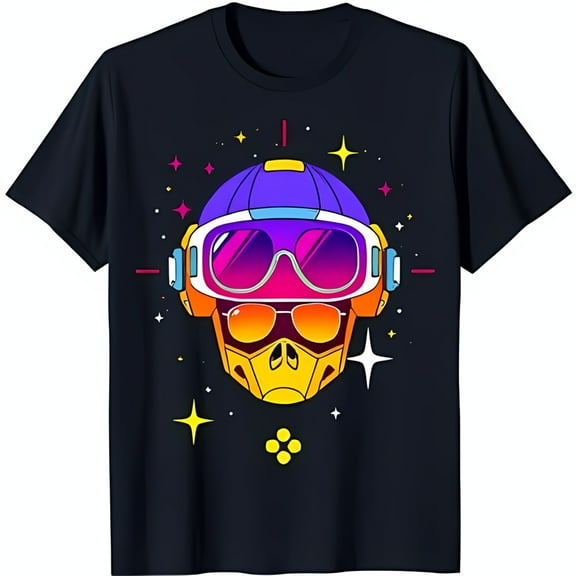 Colorful Cartoon Ski Mask Graphic on Black T-Shirt Minimalist Design