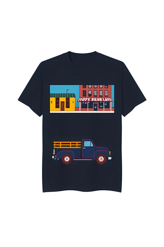 Colorful Cartoon Small Town Scene T-Shirt with Red Pickup Truck Hopk Bilwn Lane Design