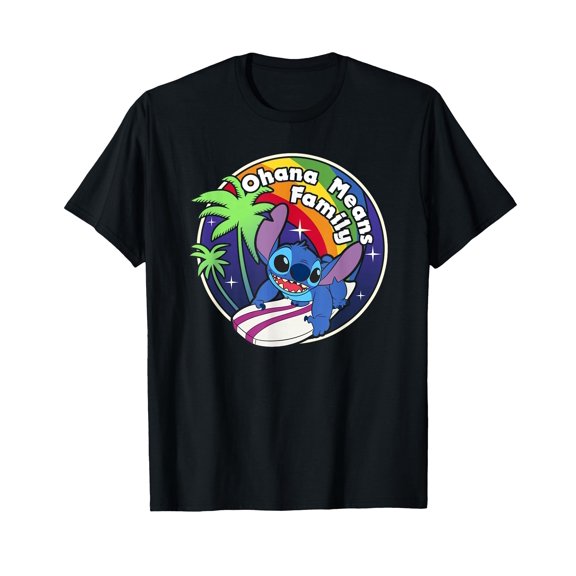 Colorful Cartoon Surf Design T-Shirt - Ohana Means Family Theme for Fun Summer Vibes