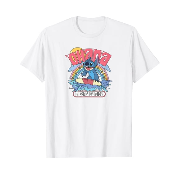 Colorful Cartoon Surf T-Shirt - Ohana Means Family Design for Fun Summer Vibes