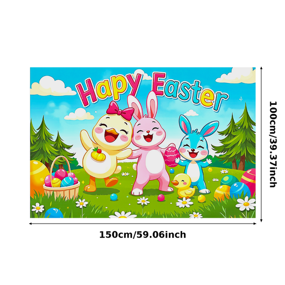 Colorful Cartoon Themed Happy Easter Banner with Bunny Duck and Eggs Background Decor for Easter Party Celebrations Family Gatherings Photo Shoots Decorations Supplies