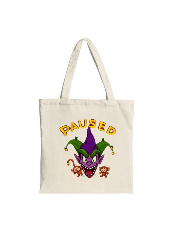 Colorful Cartoon Tote Bag with Purple Face Character Green Ears & Jester Hat Surrounded by Monkeys & ' PAUSED ' in Bold Yellow