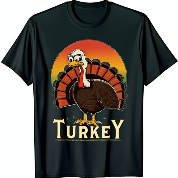 Colorful Cartoon Turkey Graphic on Black T-Shirt for Thanksgiving