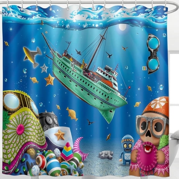 Colorful Cartoon Underwater Shower Curtain with Whimsical Ship, Fishand Fun Characters