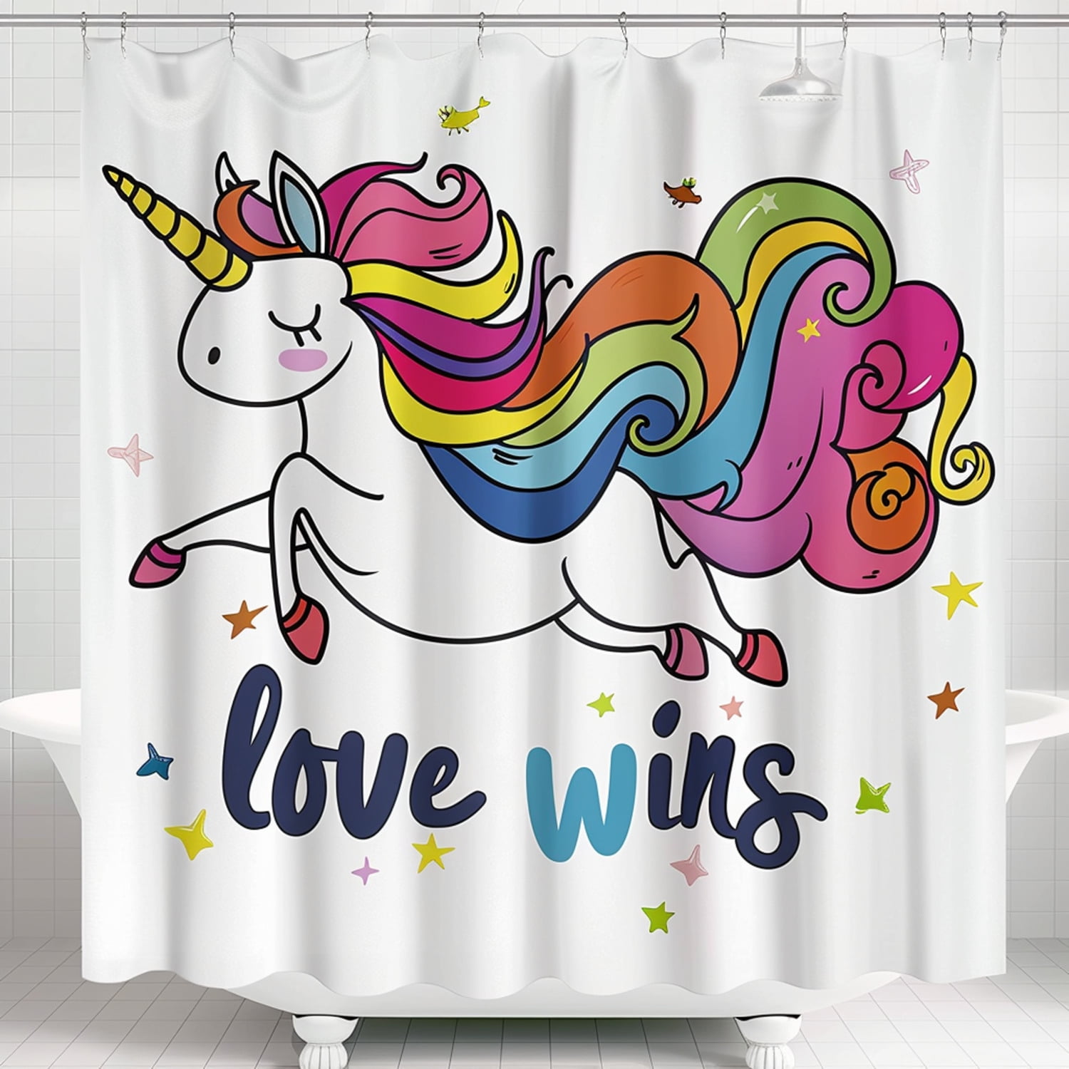 Colorful Cartoon Unicorn Shower Curtain with Rainbow Mane and "Love