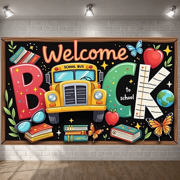 Colorful Cartoon Welcome Back to School Banner School Bus Pattern Classroom Backdrop for First Day of School Classroom Decoration Back to School Party