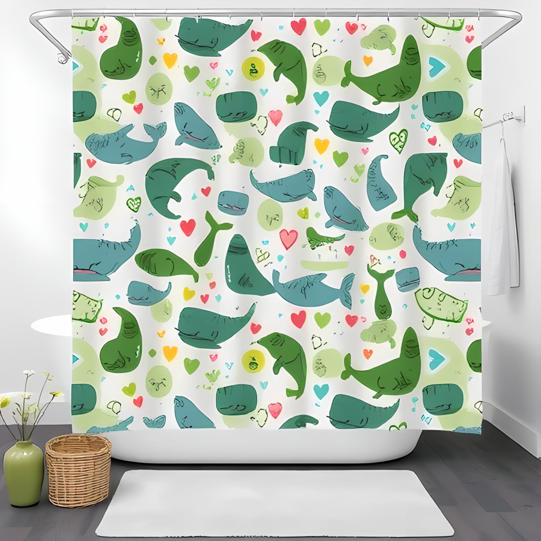 Colorful Cartoon Whale Shower Curtain - Playful Green & Blue Whales ...