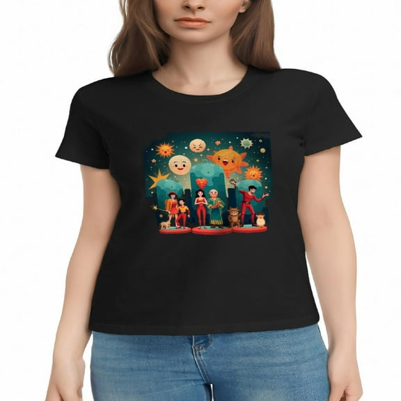 Colorful Cartoon Women's Cotton Short Sleeve T-Shirts - Playful Tee Tops with Fun Characters Stars Design