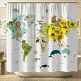 Colorful Cartoon World Map Shower Curtain with Animals Perfect for Kids