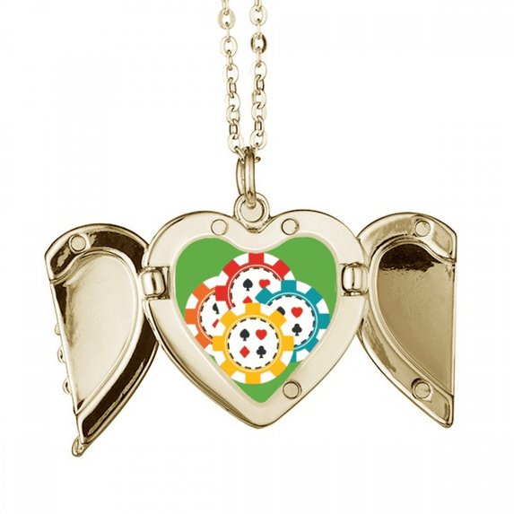 Colorful Casino Chips Illustration Folded Wings Peach Heart Pendant Necklace